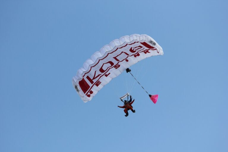 Tandempaar unter einem geöffneten Fallschirm bei einer Flugveranstaltung